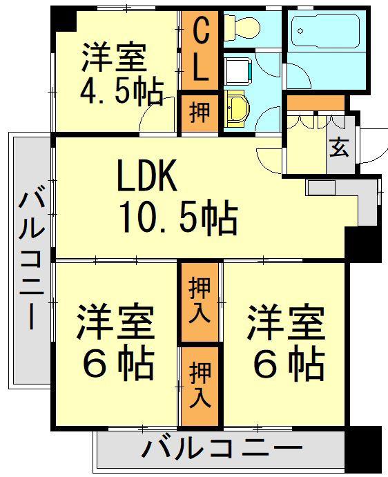 日宝サンセーヌ大橋南(3LDK/2階)の間取り写真