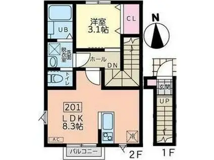 ESCONDITE卸町II(1LDK/2階)の間取り写真