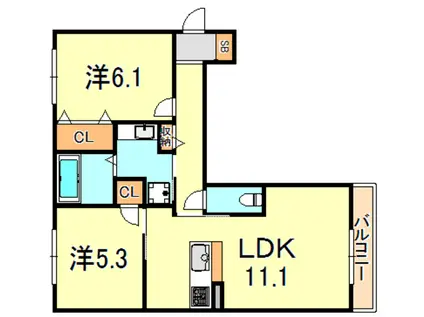 ワン ウェーブ 霞ヶ丘(2LDK/1階)の間取り写真
