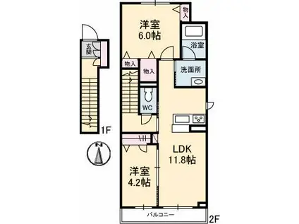 アリスティオ・ガーデンY C(2LDK/2階)の間取り写真