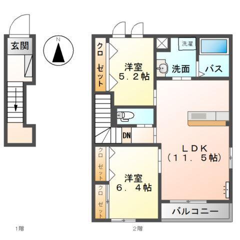 ルミナス飯泉(2LDK/2階)の間取り写真