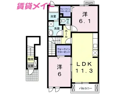 サンシャインヒルズI・B棟(2LDK/2階)の間取り写真