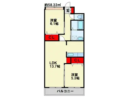 EXCELLENT 街角 参番館(2LDK/2階)の間取り写真