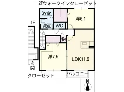 シエル・デューB(2LDK/2階)の間取り写真