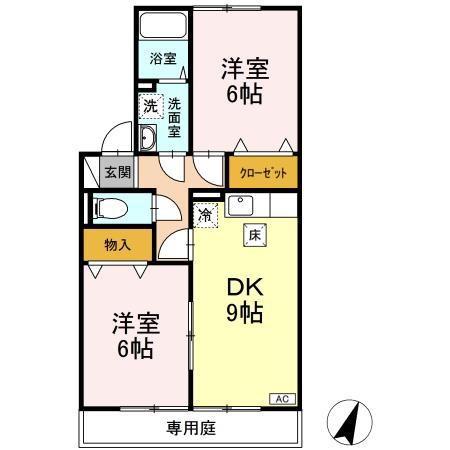 ハッピーライフ北畝 A棟(2DK/1階)の間取り写真