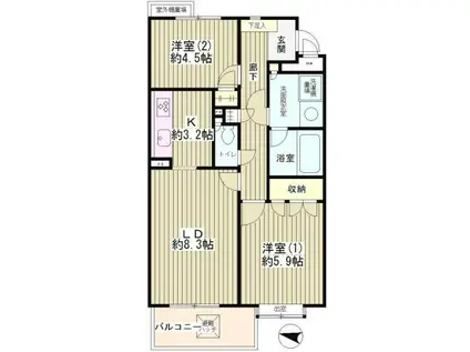 フラット浜田山B棟(2LDK/3階)の間取り写真