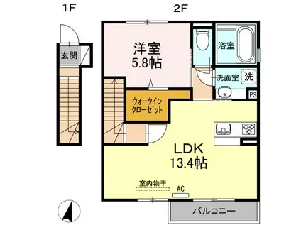 グレイスコートやまが(1LDK/2階)の間取り写真