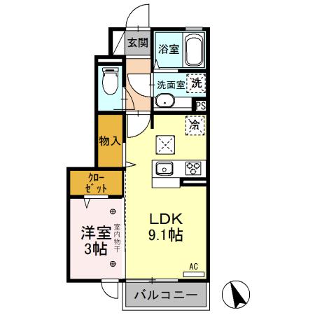 メゾン医大前桜 E(1LDK/1階)の間取り写真