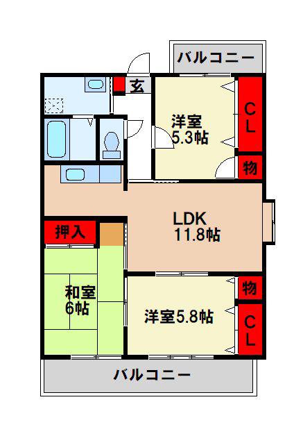 アンセスタ筑紫野(3LDK/3階)の間取り写真