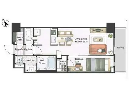 市谷台町坂フロント(1LDK/7階)の間取り写真