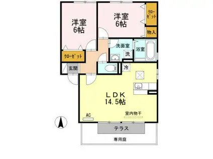 ウィルモア手城B棟(2LDK/1階)の間取り写真