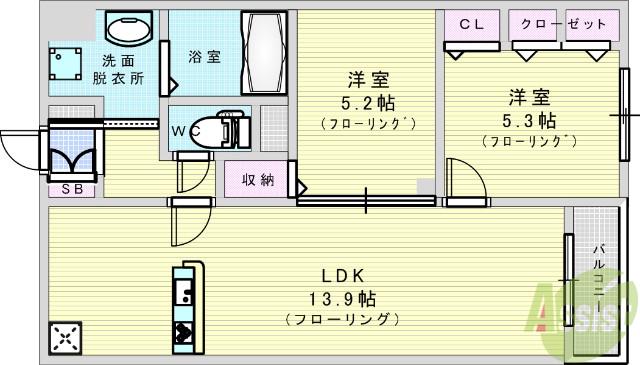 ADI 1(2LDK/2階)の間取り写真