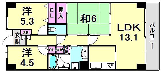ルネ門戸東西棟(3LDK/7階)の間取り写真