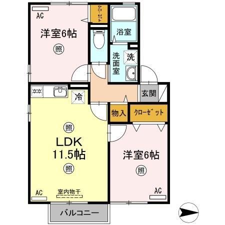 プレイス吉備路(2LDK/2階)の間取り写真