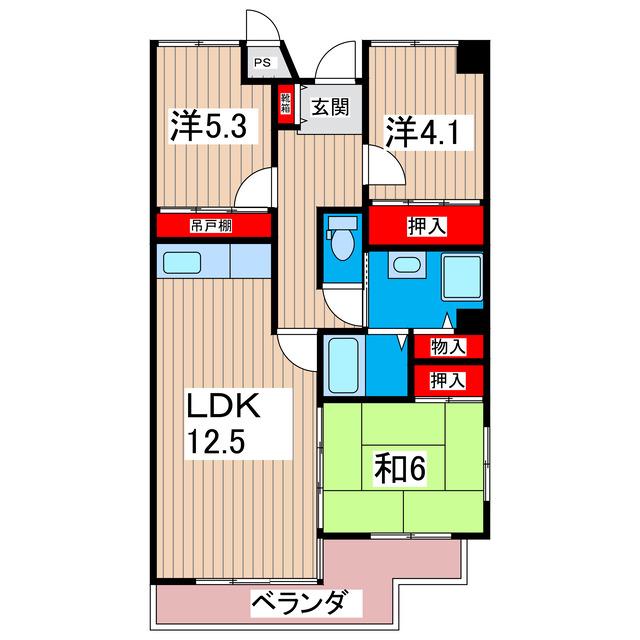サニーヒル会瀬 2号館(3LDK/5階)の間取り写真