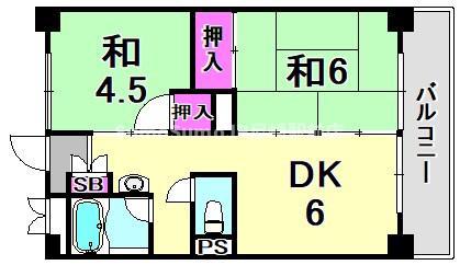 ビレッジハウス南清水タワー1号棟(2DK/9階)の間取り写真