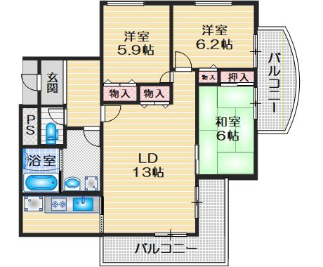 グレイスマンション(3LDK/2階)の間取り写真