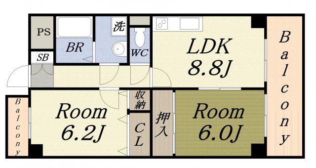 福本ハーバービュースクエア(2DK/6階)の間取り写真