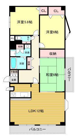 バッハレジデンス西宮上ヶ原(3LDK/2階)の間取り写真