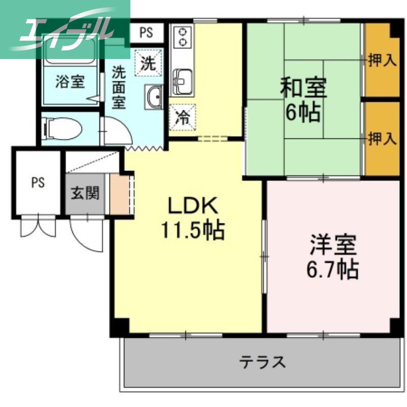 グランデュール高柳 B棟(2LDK/1階)の間取り写真