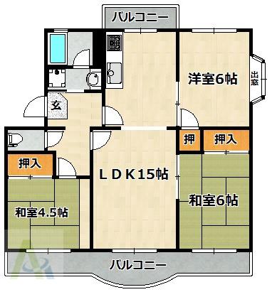 横尾5団地(3LDK/4階)の間取り写真