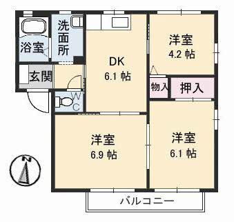 サリーレ太陽II A棟(3DK/2階)の間取り写真