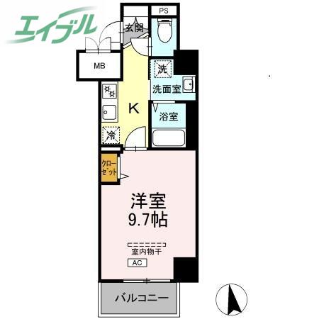 グランディオ医大前(1K/9階)の間取り写真