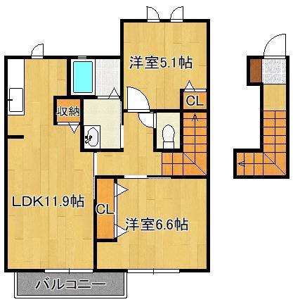 エーアスト湯川B棟(2LDK/2階)の間取り写真