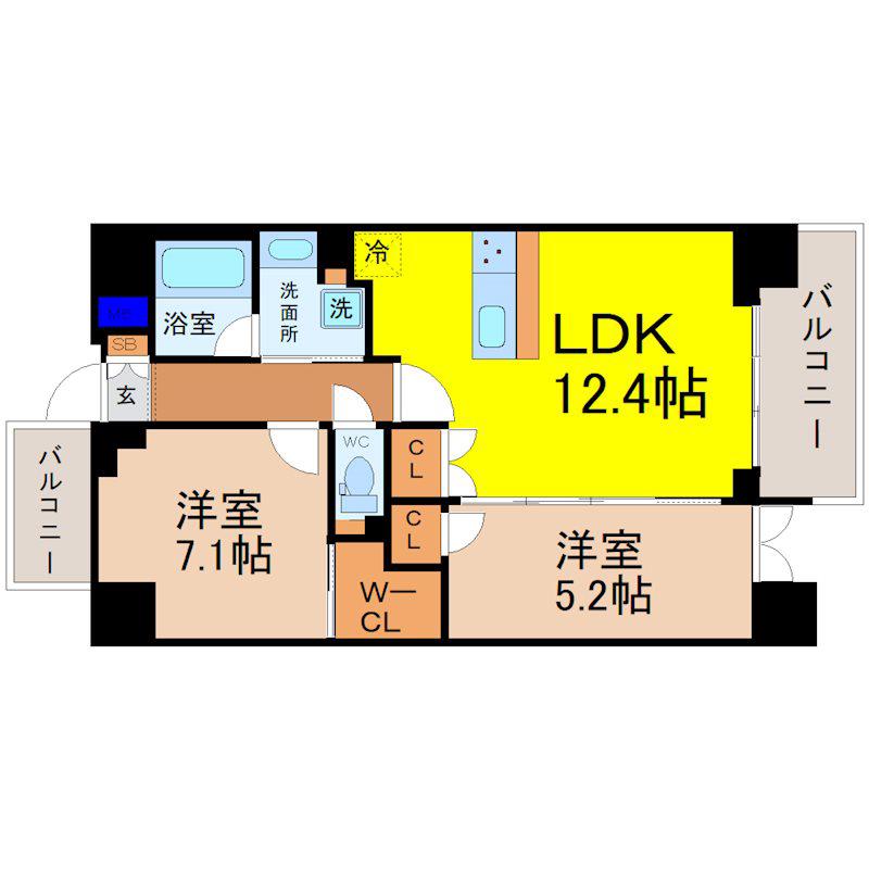 シーズンフラッツ今池ノース(2LDK/4階)の間取り写真