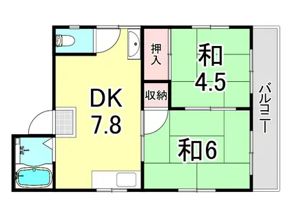 ＪＲ東海道本線 立花駅 徒歩15分 3階建 築51年(2DK/2階)の間取り写真