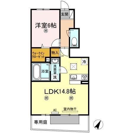 フェリスコート B棟(1LDK/1階)の間取り写真