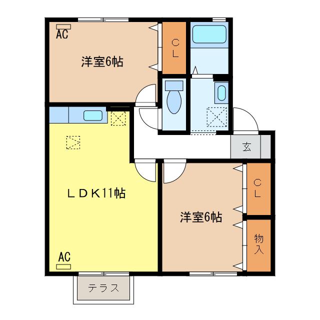 ウィルモア小野(2LDK/1階)の間取り写真