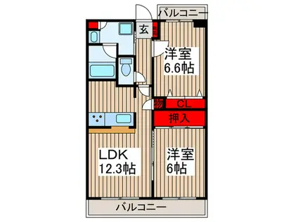 キングホームズ1番館B棟(2LDK/2階)の間取り写真