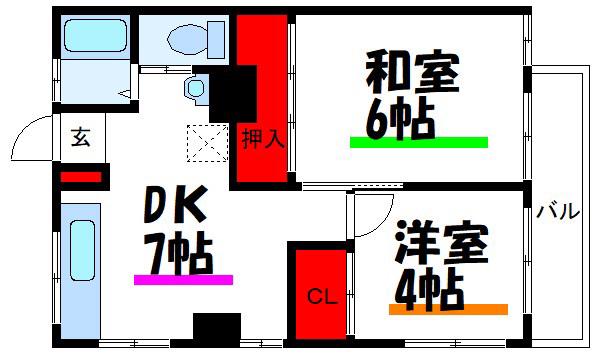 木戸坂ローヤルマンション(2DK/4階)の間取り写真