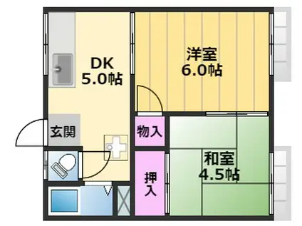 ＪＲ阪和線 百舌鳥駅 徒歩4分 2階建 築53年(2DK/2階)の間取り写真