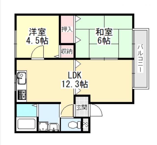 セゾン大軽(2LDK/2階)の間取り写真