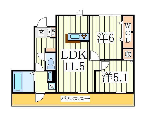 ウエスト COURT 楓(2LDK/1階)の間取り写真