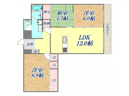 越木岩ハイデンス(3LDK/4階)の間取り写真