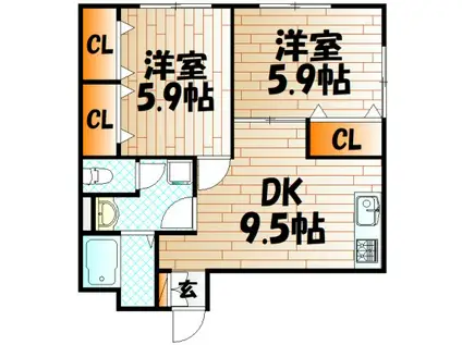 フェルト130 B棟(2DK/2階)の間取り写真
