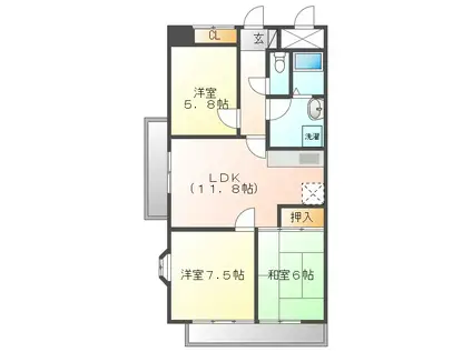 グランドール沖野上(3LDK/3階)の間取り写真