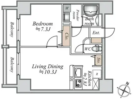 ドゥーエ千駄木(1LDK/8階)の間取り写真