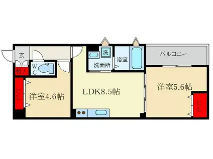 ラモーナ藤阪元町(2DK/1階)の間取り写真