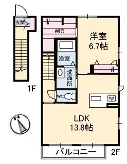 カーサ大町I(1LDK/2階)の間取り写真