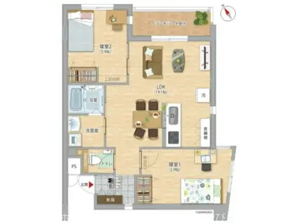 沖縄県沖縄市 4階建 築1年(2LDK/2階)の間取り写真