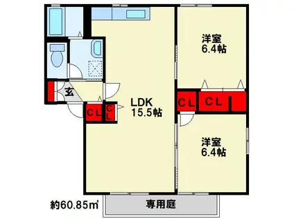 プリムヴェールパルクE棟(2LDK/1階)の間取り写真