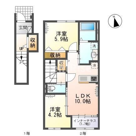 小信中島郷西アパート(2LDK/2階)の間取り写真