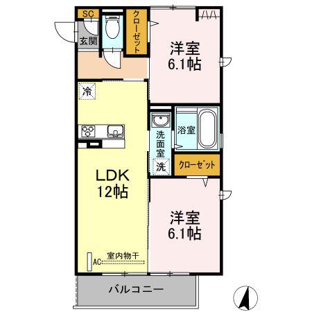 パラディーソ B棟(2LDK/3階)の間取り写真