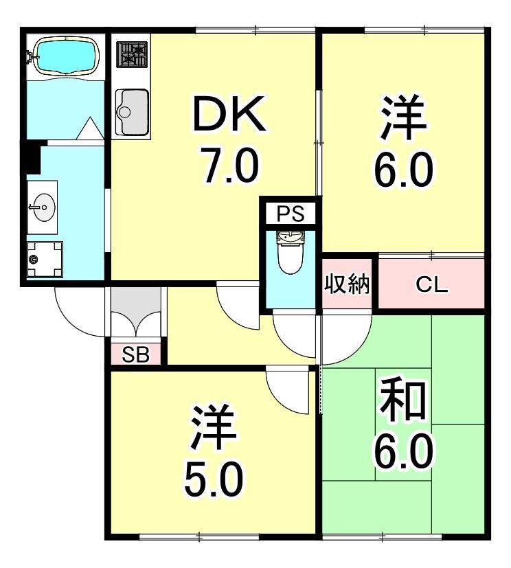 ルミネB棟(3DK/1階)の間取り写真