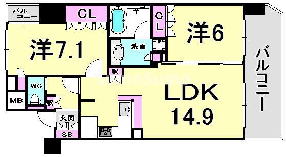 リーガル神戸海岸通(2LDK/3階)の間取り写真