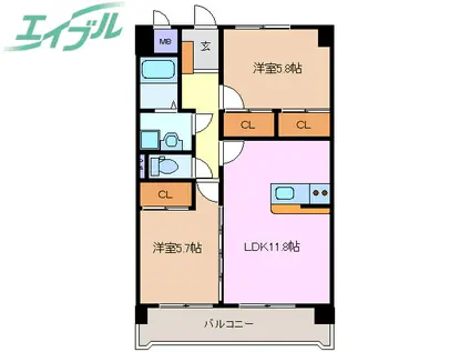 プリリアンスTAKEKOSHI A(2LDK/3階)の間取り写真